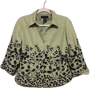 Silk Land Embroidered Button Up Top Womens Large Green Black 100% Silk Artsy